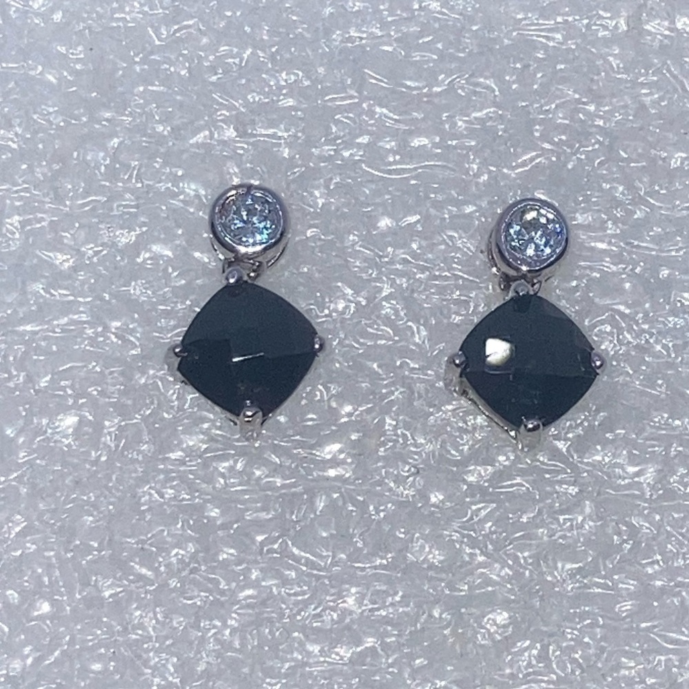 Vtg Sterling Onyx & Cz Stud Earrings Facet Cut / Faceted / 13mm